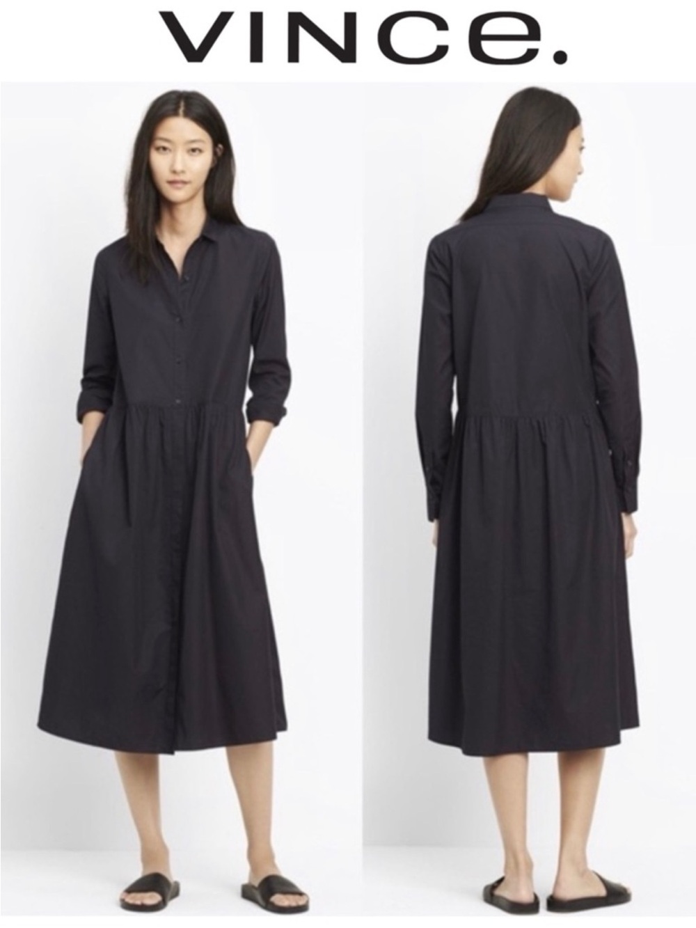 VINCE Black Shirred Waist Midi Shirt Dress – 100% Japanese Cotton